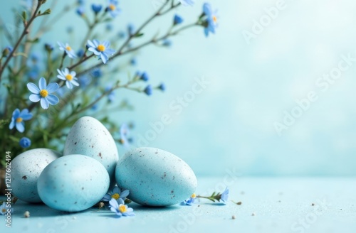 decorative easter eggs with floral patterns on pastel blue background concept of event decoration, easter celebration, spring festival. copyspace photo