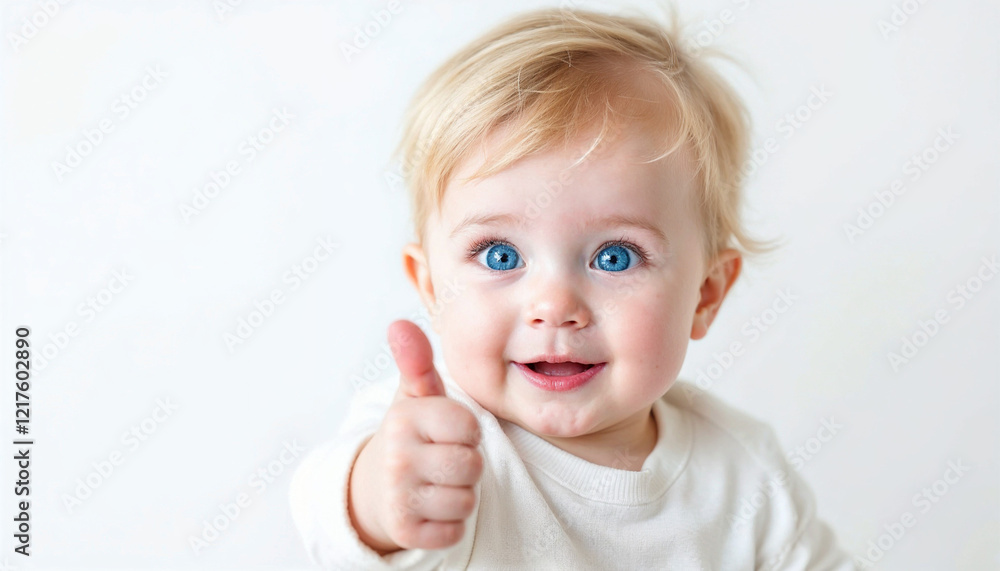 Happy baby giving a thumbs up in casual attire with bright blue eyes against a neutral background Happy baby giving a thumbs up in casual attire with bright blue eyes against a neutral background