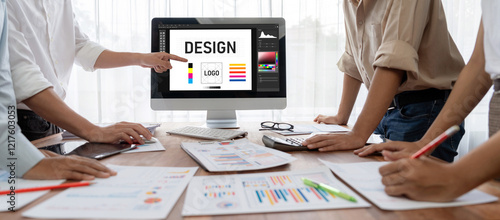 Graphic designer software for modern design of web page and commercial brisk ads showing on the computer screen