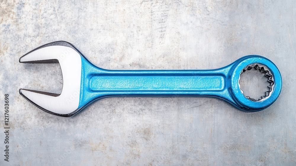 Blue Metal Wrench On Textured Gray Surface Blue Metal Wrench On Textured Gray Surface