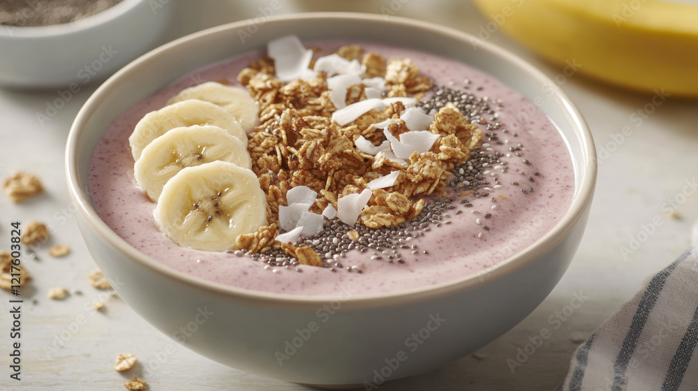 Macro shot of a colorful smoothie bowl topped with granola, banana slices, chia seeds, and coconut flakes in a bright, inviting kitchen setting Macro shot of a colorful smoothie bowl topped with granola, banana slices, chia seeds, and coconut flakes in a bright, inviting kitchen setting