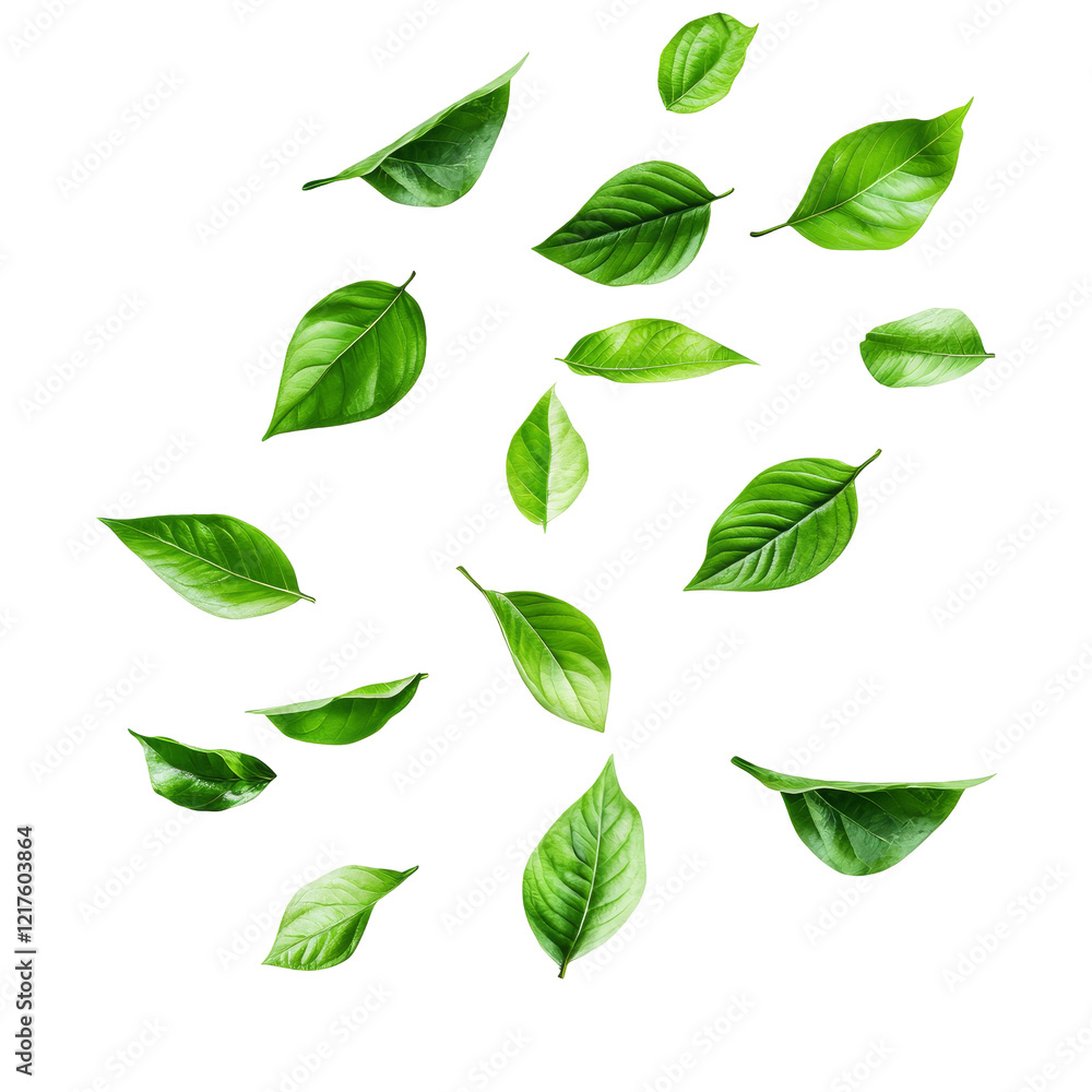 Flying green leaves in various shapes and sizes isolated against a clean transparent background for natureinspired design, flying green leaves isolated on transparent background Flying green leaves in various shapes and sizes isolated against a clean transparent background for natureinspired design, flying green leaves isolated on transparent background