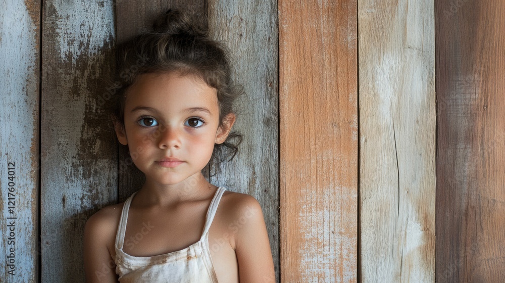 Fototapeta premium Portrait of a young girl with curly hair against a rustic wooden background looking directly at the camera with copy space.