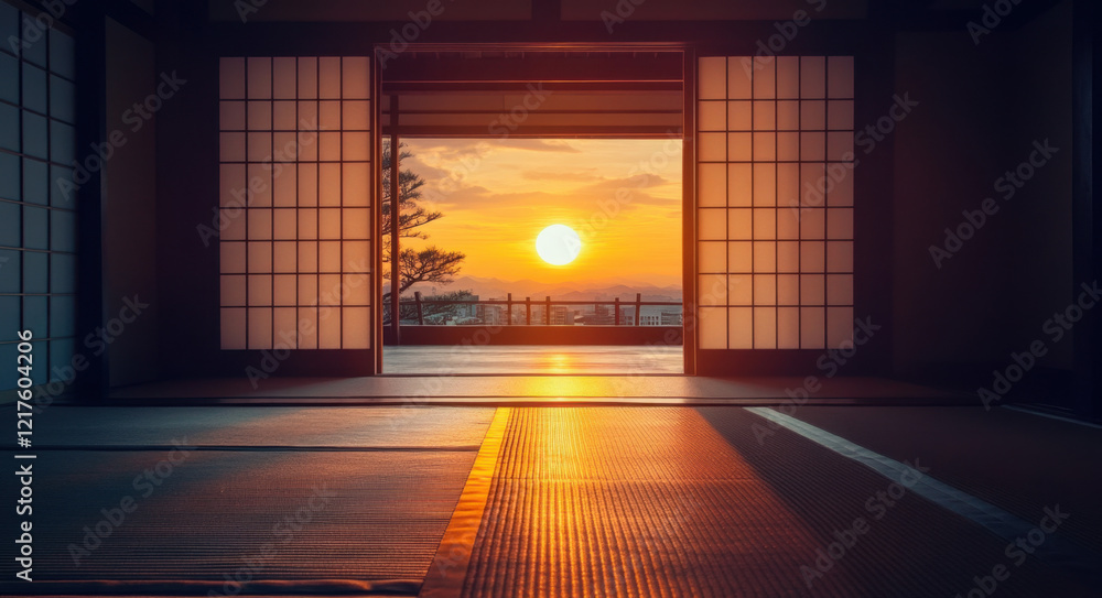 This space features dark walls and floors, creating a stark contrast to the warm glow of the sunset visible through the open sliding doors. The serene atmosphere invites tranquility. This space features dark walls and floors, creating a stark contrast to the warm glow of the sunset visible through the open sliding doors. The serene atmosphere invites tranquility.