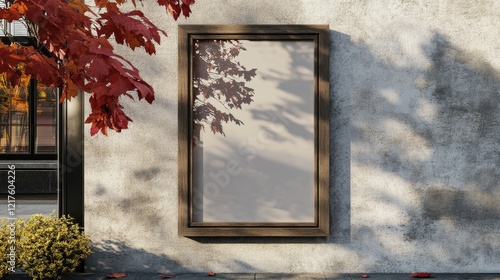 Empty frame mounted on a textured concrete wall with autumn foliage casting shadows and leaves on the ground Copy Space photo