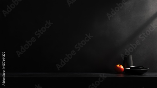 Minimalistic still life composition with black background featuring a white plate, black cup, red apple, and dramatic lighting Copy Space photo