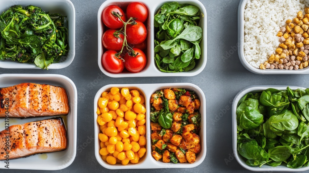 Healthy meal prep containers arranged with assorted vegetables, salmon, and grains on a grey background, with copy space for text. Healthy meal prep containers arranged with assorted vegetables, salmon, and grains on a grey background, with copy space for text.