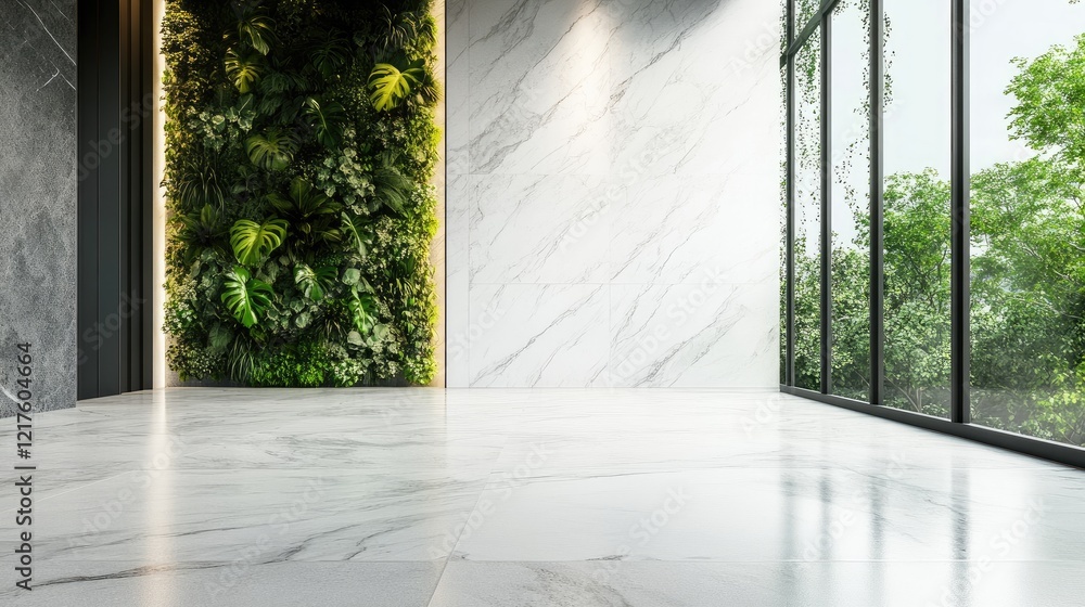 Obraz premium Modern interior with marble flooring and green living wall, large windows allowing natural light, minimalist design, Copy Space.