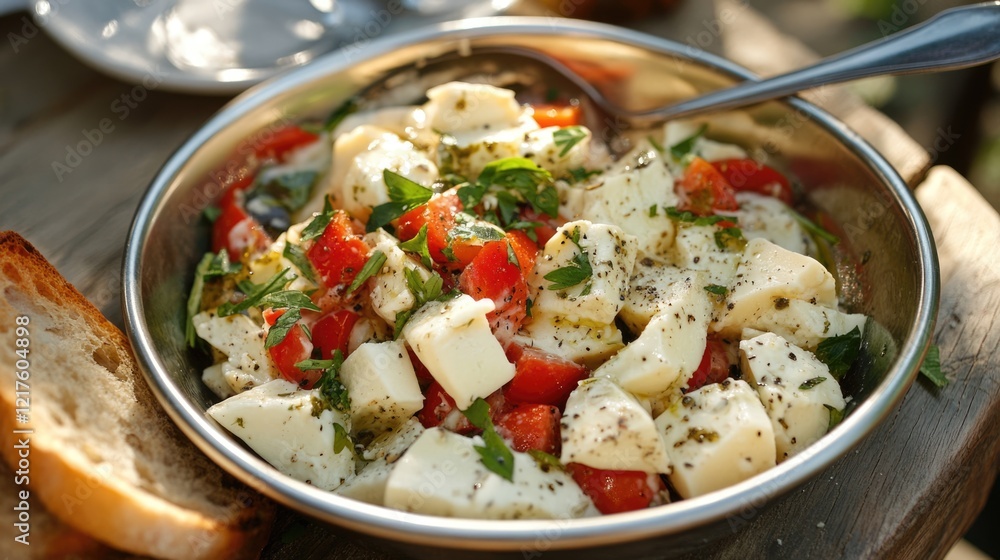 Fresh mozzarella salad with tomatoes and herbs served in a stainless steel bowl on a wooden table with bread slices and copy space Fresh mozzarella salad with tomatoes and herbs served in a stainless steel bowl on a wooden table with bread slices and copy space