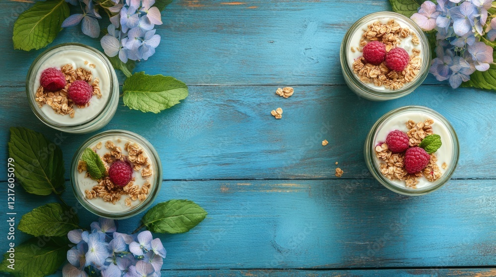 Dessert cups with yogurt, granola, raspberries and mint on blue wooden background with flowers and copy space for text Dessert cups with yogurt, granola, raspberries and mint on blue wooden background with flowers and copy space for text