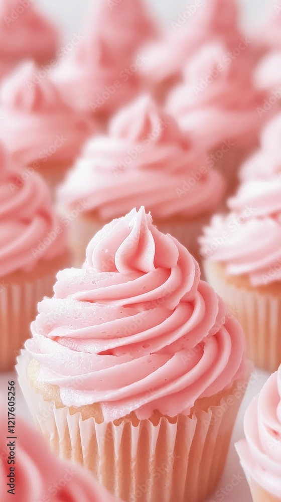 A close-up of delicious pink frosted cupcakes, showcasing their swirled icing, arranged beautifully for a delightful dessert display. A close-up of delicious pink frosted cupcakes, showcasing their swirled icing, arranged beautifully for a delightful dessert display.