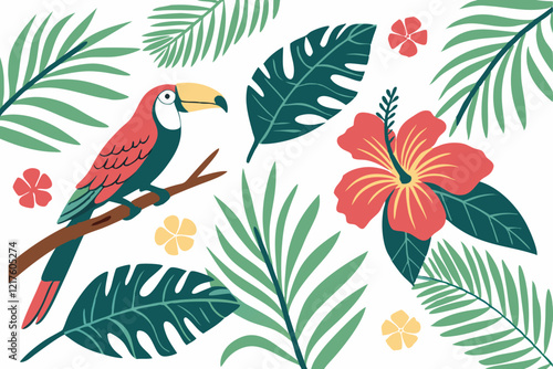 Tropical pattern, vibrant colors, toucan, parrot, bird of paradise flower, hibiscus, palm leaves, monstera leaves, banana leaf, frangipani, botanical illustration, flat design, white background, vecto