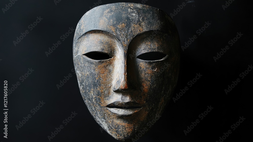 Ancient decorative tribal mask with weathered surface and detailed craftsmanship against a black background Copy Space Ancient decorative tribal mask with weathered surface and detailed craftsmanship against a black background Copy Space
