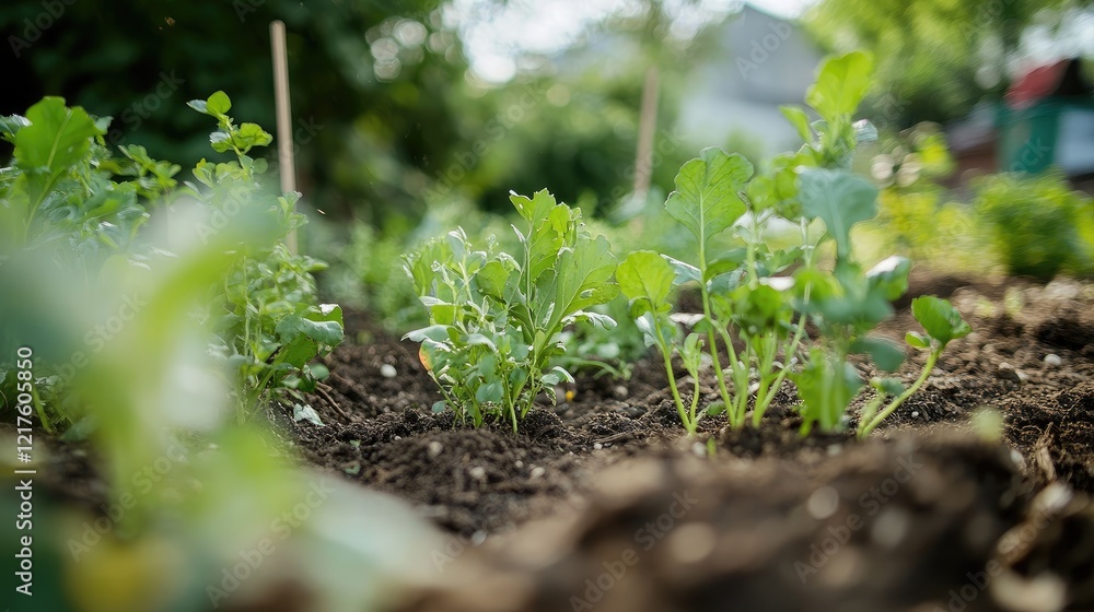 Freshly planted vegetables emerging in an organic home garden with rich soil and green foliage Copy Space Freshly planted vegetables emerging in an organic home garden with rich soil and green foliage Copy Space