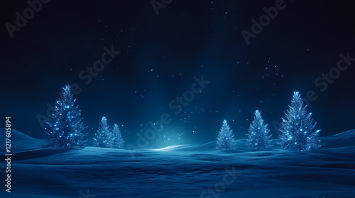 A midnight blue background adorned with luminous white christmas trees and snow, centered around a spotlight-illuminated empty field, crafting a magical atmosphere. Midnight Plains. Illustration photo