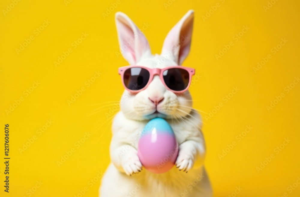 Fototapeta premium stylish rabbit in sunglasses holding easter egg - concept of easter whimsy, holiday fashion, festive bunny