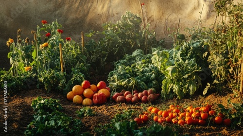 Freshly harvested vegetables and fruits in a garden setting with rich soil and greenery Copy Space photo