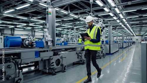Workers assess production processes in a modern manufacturing facility in the afternoon