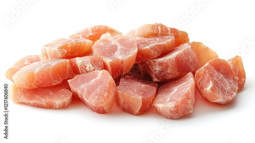 Raw pork meat chunks on white background with Copy Space for text placement photo