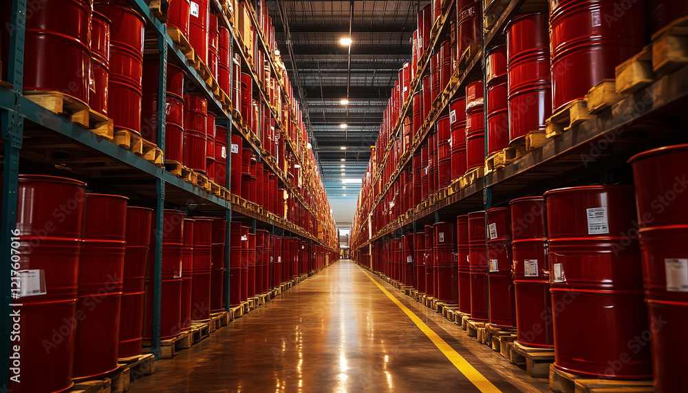 Fototapeta premium shelves of red metal barrels