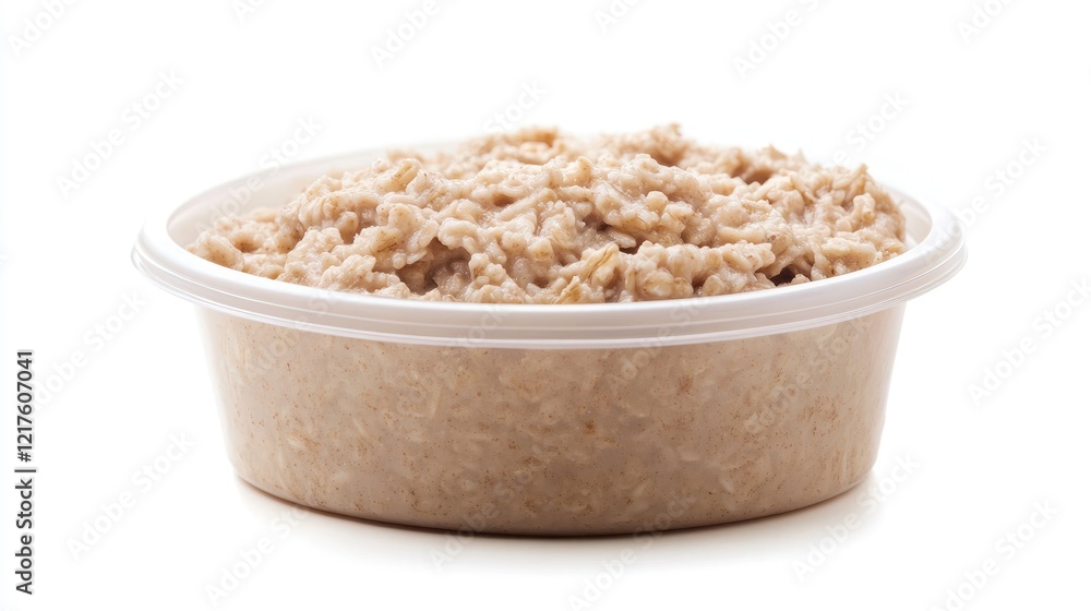 Container of cooked oatmeal with a creamy texture in a plastic bowl on a white background with copy space Container of cooked oatmeal with a creamy texture in a plastic bowl on a white background with copy space