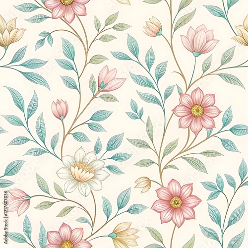 Wallpaper Mural Botanical Floral Pattern for Premium Decorative Backgrounds with Vibrant Flowers and Greenery. Torontodigital.ca