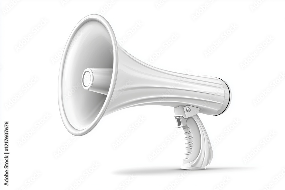 Realistic 3D megaphone isolated on a clean white background. Represents communication, announcements, and amplification of messages. Realistic 3D megaphone isolated on a clean white background. Represents communication, announcements, and amplification of messages.