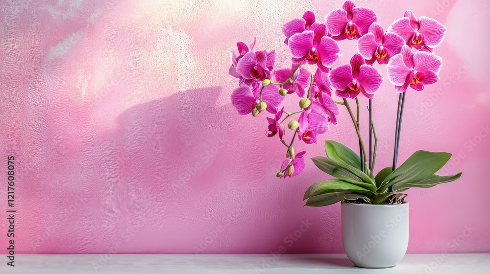 Obraz premium Orchid flowers in a white pot against a pink background with textured wall and ample copy space for text placement