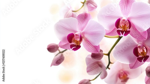 Pink orchid flowers with soft focus background and ample copy space for text insertion.