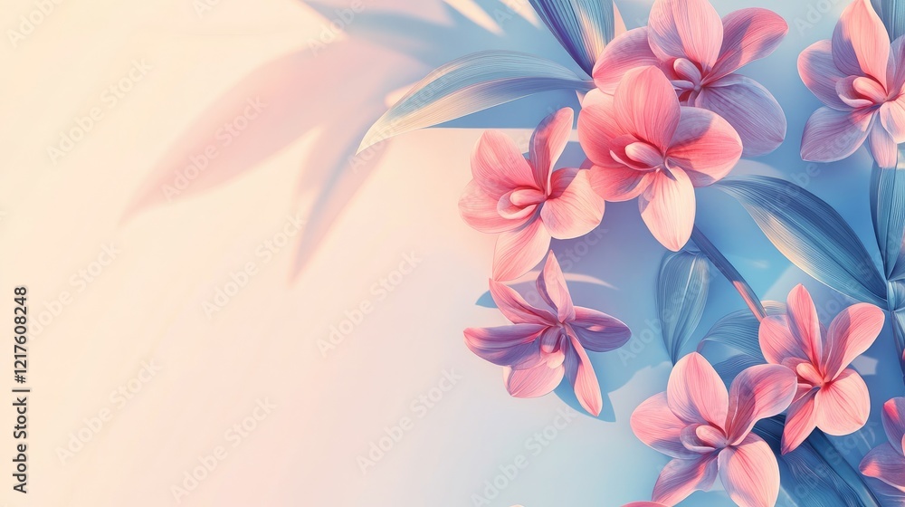 Obraz premium Pink orchids with blue leaves and soft background Copy Space for floral design or greeting cards