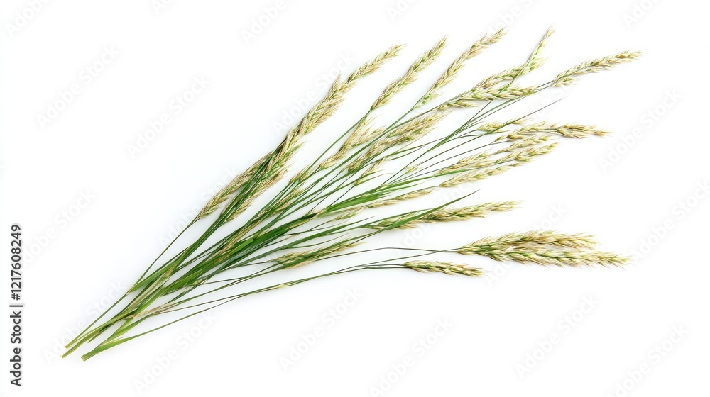 Dry grass stems with seed heads on a white background and copy space for text placement Dry grass stems with seed heads on a white background and copy space for text placement
