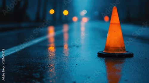 Wet road at night with an orange traffic cone in the foreground surrounded by blurred lights and reflections on the pavement Copy Space photo