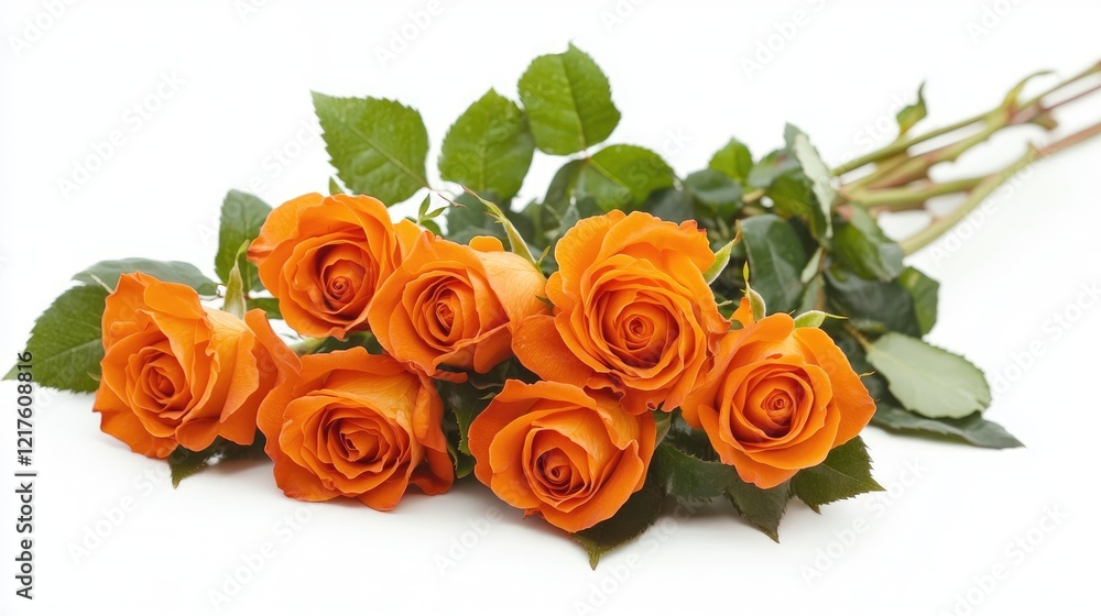 Obraz premium Bright orange roses with green leaves arranged in a bouquet on a white background with Copy Space