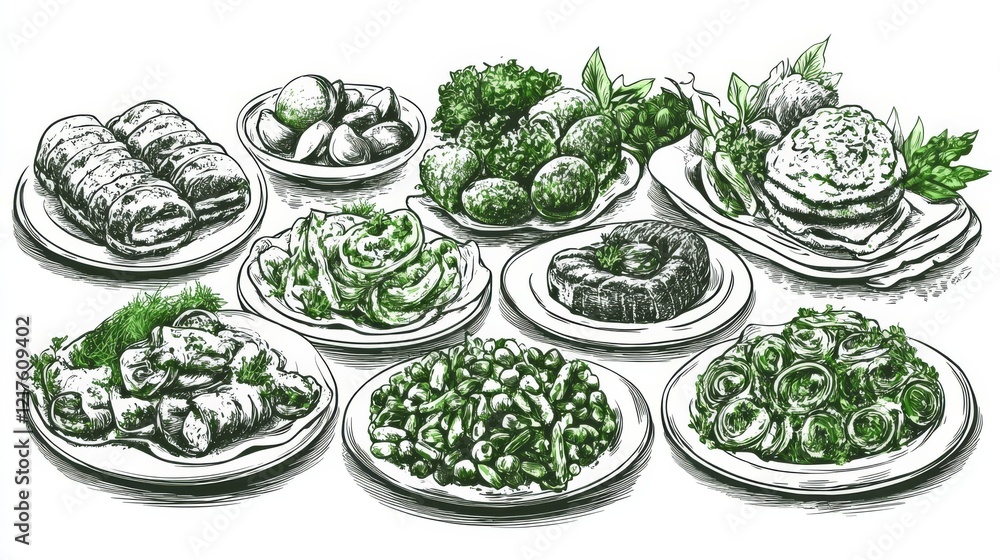 Obraz premium A minimalistic stock illustration featuring a collection of traditional dishes arranged on plates, showcasing various types of food