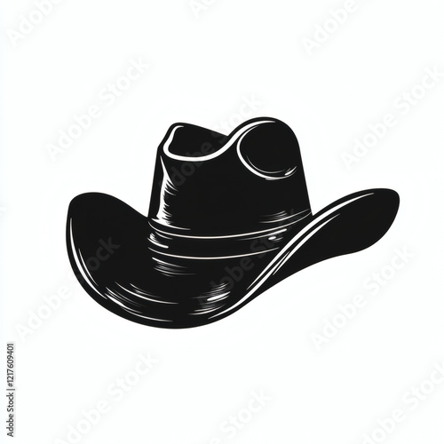 Black and White Vintage Cowboy Hat Illustration with Detailed Textures and Bold Design