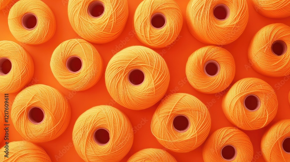 Bright orange sewing thread spools arranged in a repeating pattern on an orange background with ample copy space. Bright orange sewing thread spools arranged in a repeating pattern on an orange background with ample copy space.