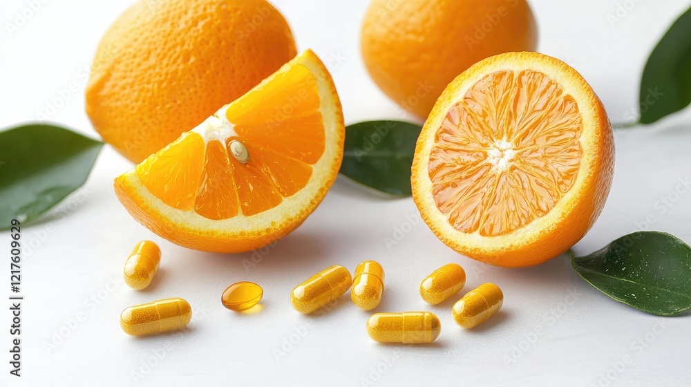 Fototapeta premium Fresh orange fruit slices with leaves and yellow capsules on a white background Copy Space