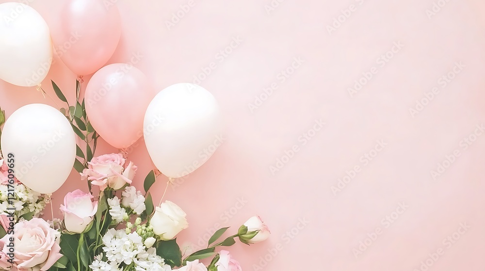 Pink and white balloons with roses on a pink background Pink and white balloons with roses on a pink background