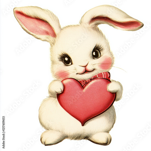 Vintage retro white bunny illustration for a kitsch Valentine’s Day card, isolated clipart on a white background