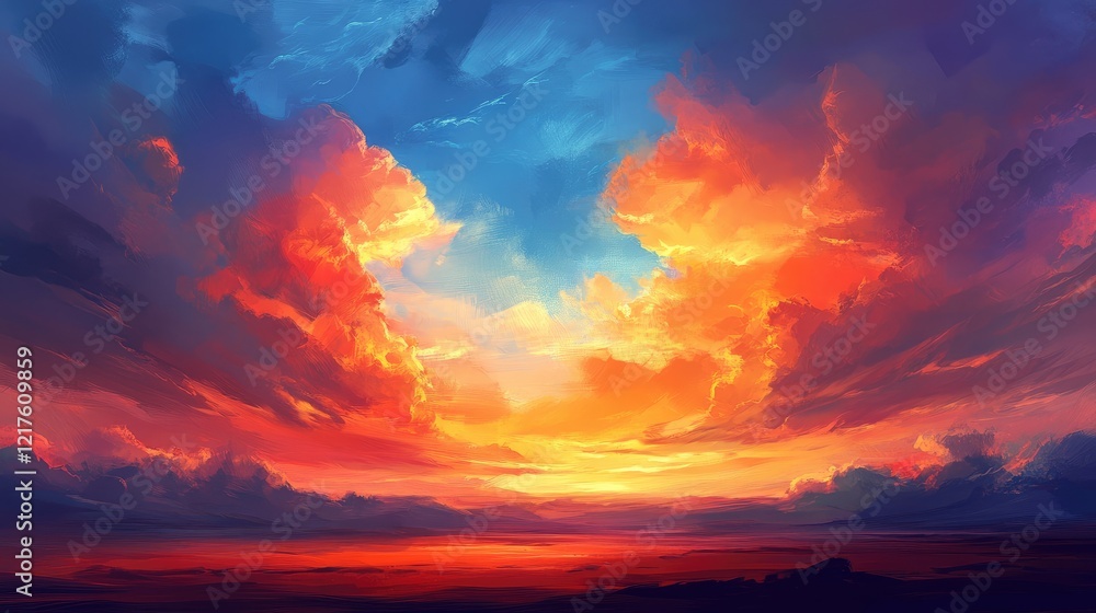 Fototapeta premium Vibrant sunset sky with dramatic clouds in shades of orange blue and purple Copy Space