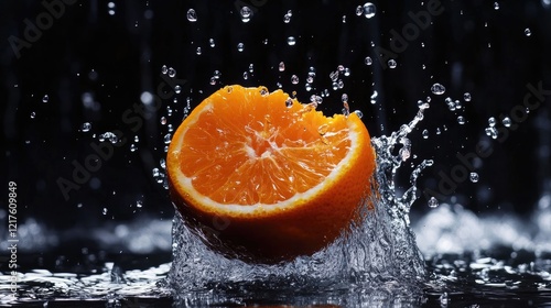 Fresh orange slice splashing in water with droplets against black background Copy Space photo