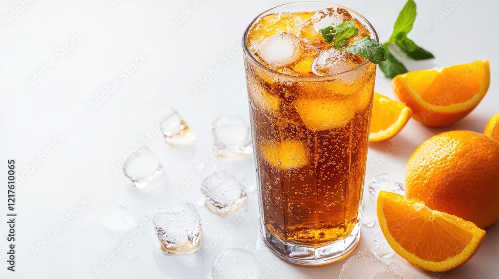 Refreshing carbonated drink in a glass with ice and orange slices on a light background Copy Space Refreshing carbonated drink in a glass with ice and orange slices on a light background Copy Space