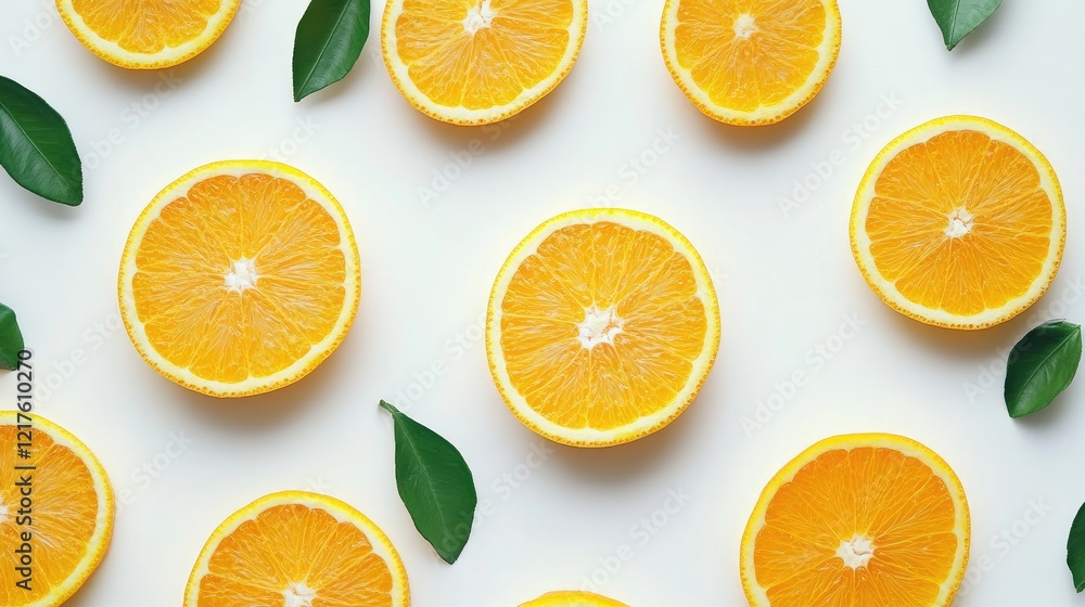 Fototapeta premium Citrus fruit composition with sliced oranges and green leaves arranged on a light background with ample Copy Space