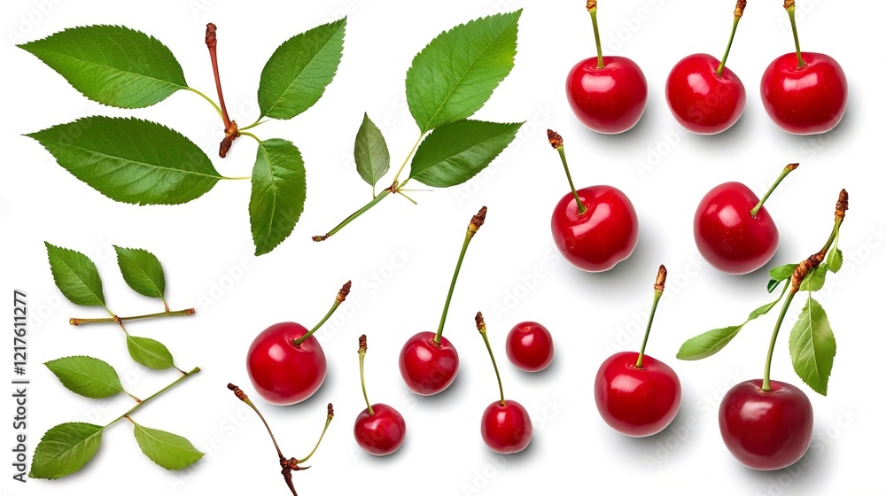 Fresh Red Cherries with Leaves on White Background for Food Photography Fresh Red Cherries with Leaves on White Background for Food Photography