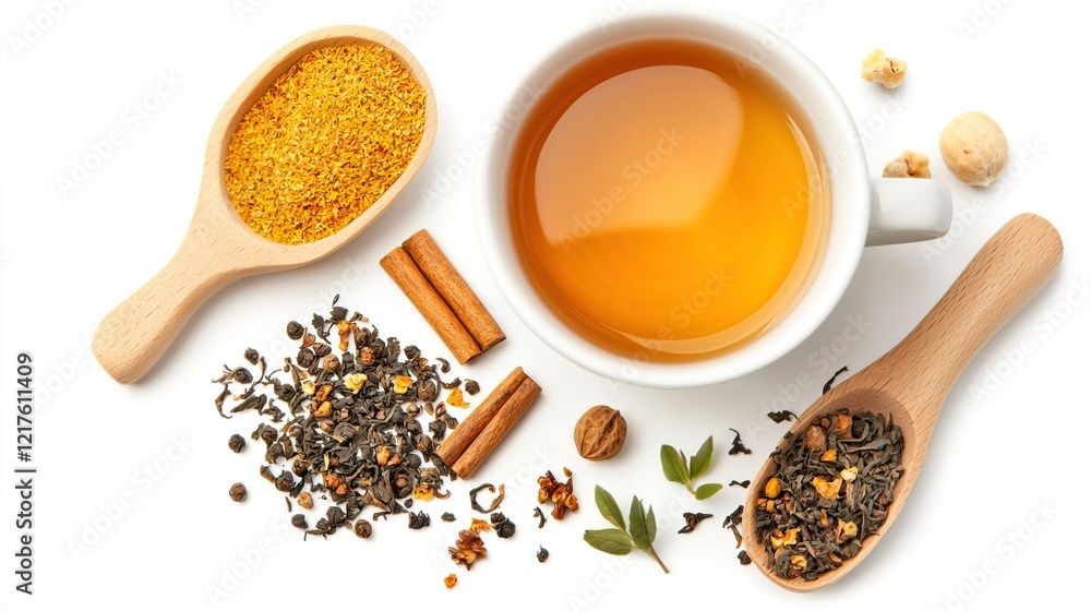 Aromatic Ingredients for Herbal Tea Preparation on White Background Aromatic Ingredients for Herbal Tea Preparation on White Background