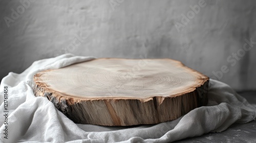 Wooden serving board on a light fabric cloth with grey background and natural wood texture Copy Space photo