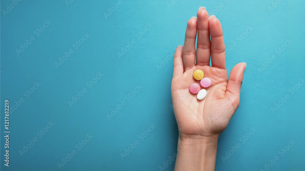 Female Hand Holding Pills Against a Colorful blue Background for Health and Wellness Female Hand Holding Pills Against a Colorful blue Background for Health and Wellness