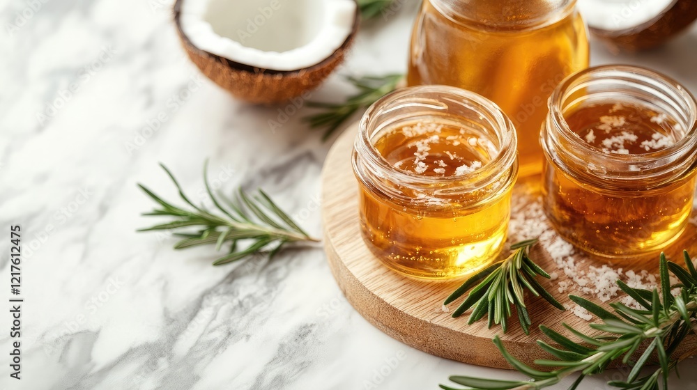 Honey jars with herbs on marble surface alongside coconut halves and a glass bottle of honey, featuring natural textures and colors. Copy Space. Honey jars with herbs on marble surface alongside coconut halves and a glass bottle of honey, featuring natural textures and colors. Copy Space.