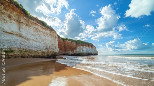 Cliffs by the Beach with Sandy Shoreline under Blue Sky and Clouds, Copy Space Available photo