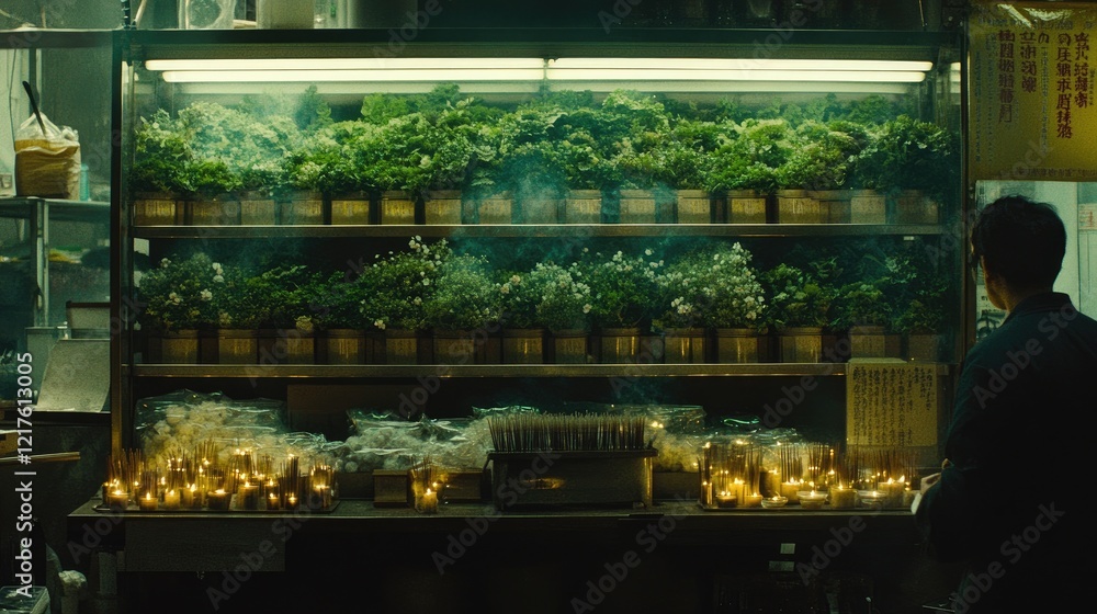 Night market, incense, plants, candles, Japan, spiritual atmosphere, calm scene, travel Night market, incense, plants, candles, Japan, spiritual atmosphere, calm scene, travel